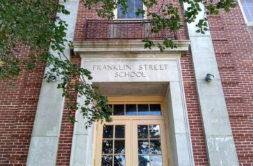 Front door of the Franklin Street School in 2017