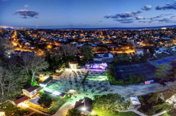 Aerial view of the Jazz Festival setup at the Physick Estate